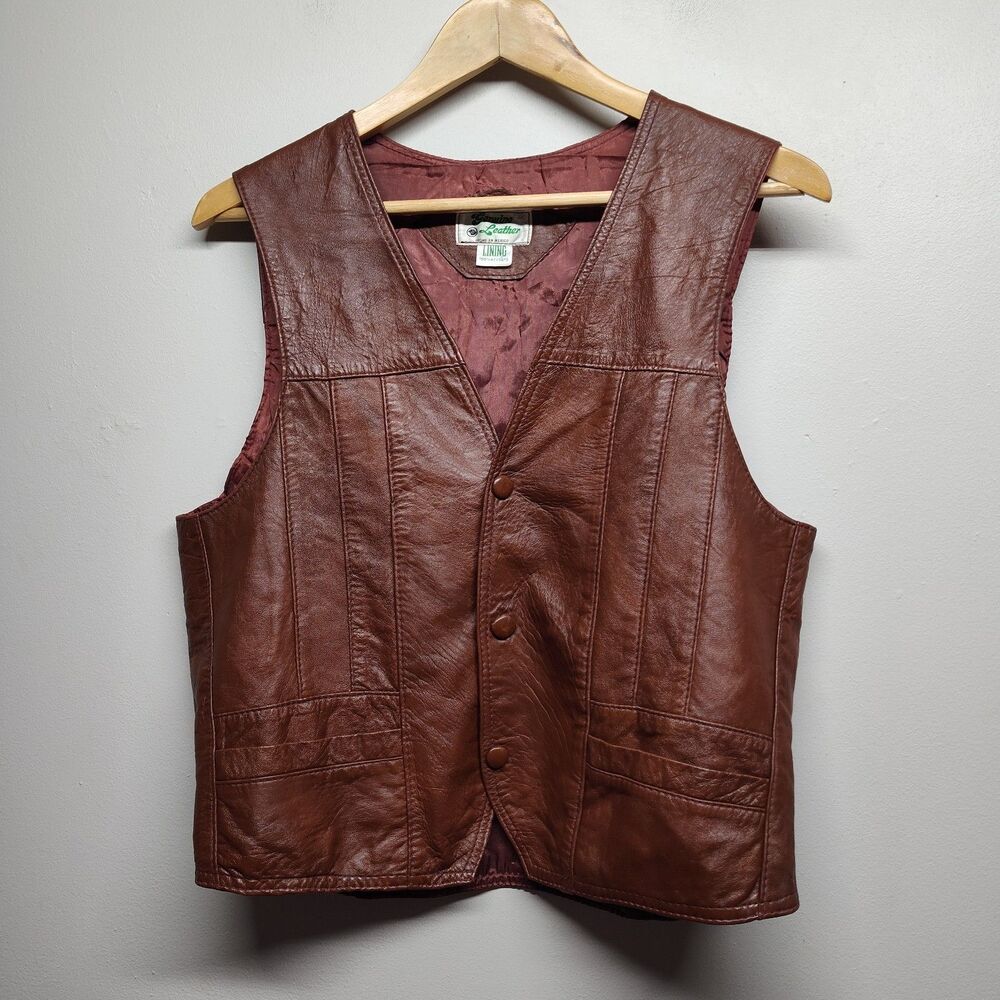 Genuine Leather Vest Men Size M Brown Lined Vintage Retro Casual Party Travel